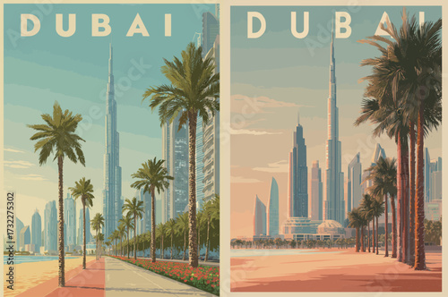 This vibrant scene captures the stunning skyline of Dubai with modern buildings, palm trees lining the pathway, and clear skies. A perfect day in the city.