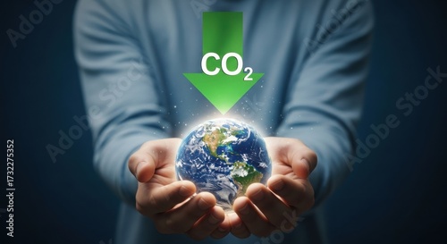 Person holding planet earth with co2 reduction arrow symbolizing climate change solutions
