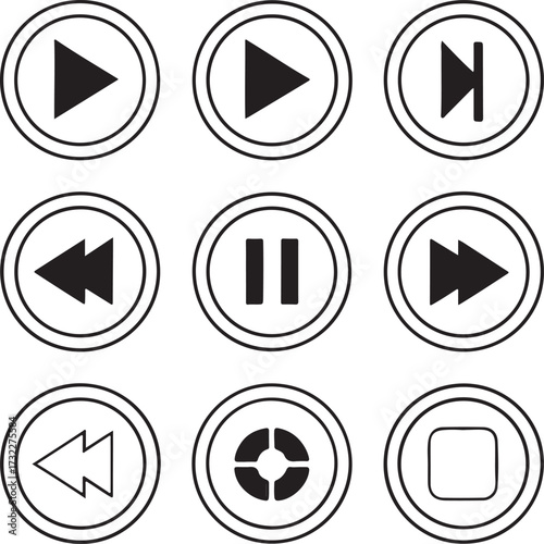Flat vector set of multimedia control icons, including play,y pau, seek forward, and rewind, designed in modern circular style
