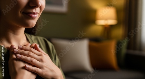Woman finds profound peace, expressing heartfelt gratitude with hands over her heart in a serene moment of mindful reflection, cultivating emotional well-being