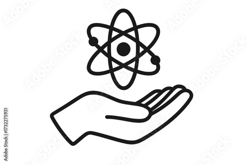 Hand holding atom symbol. Science and technology concept. Icon for research, innovation, physics, nuclear energy. Vector illustration for web, apps, education. Knowledge in hand.