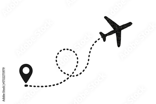 Airplane flight path vector. Dotted line route from start point location pin. Tourism & travel concept. Aircraft track, journey, trip, vacation & destination symbol. Grunge.