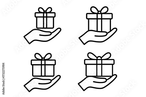Hand holding gift box line icon set. Concept for giving, receiving a present, surprise, bonus or sale. Loyalty program reward symbol. Vector pictogram for charity, donation.