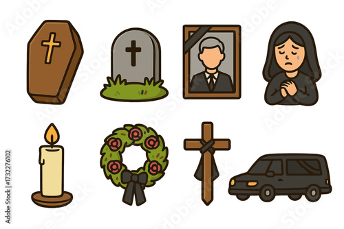 Funeral and burial color icon set. Vector cartoon collection of death and mourning symbols. Coffin, tombstone, hearse, grief woman, wreath, candle and cemetery cross.