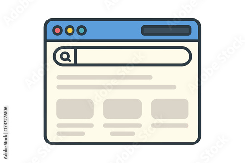 Web browser window vector. Flat design internet page with search bar. Website screen mockup template for UI and UX design. Digital technology and online communication concept.