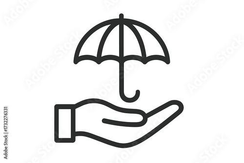 Hand holding umbrella icon. Insurance concept for safety, security, and protection. Metaphor for financial coverage, risk management, business support, and assurance. Vector.