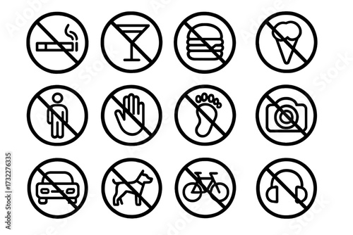 Prohibition signs icon set. Collection of black line forbidden symbols. No smoking, food, drinks, pets, camera, parking, entry. Restriction & warning signs for public places.
