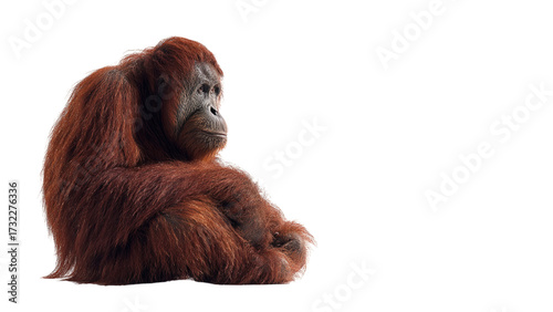 A thoughtful orangutan with reddish brown fur sits in profile against a stark black background