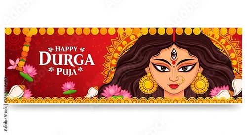 Goddess Durga Illustration for Happy Durga Puja Festival Banner