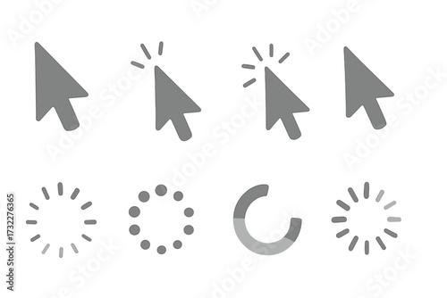 Set of mouse cursor icons, including arrow, pointer, and click action symbols. Vector collection of various loading, waiting, and buffering progress indicators for UI/UX design.