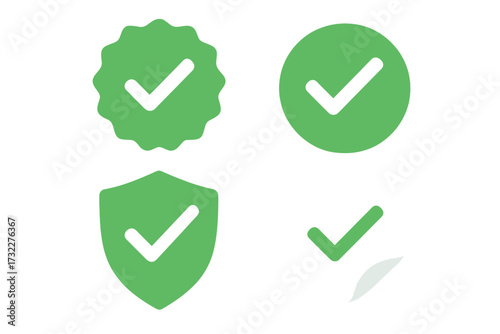 Approved check mark icon set. Profile verification badge. Green tick for quality guarantee and accept sticker. Certified and correct symbol. Shield for security. Vector design.