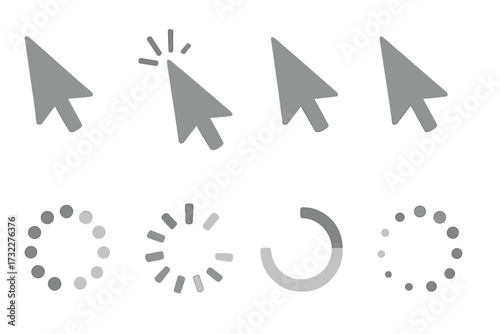 Computer mouse cursor and pointer arrow icon set. Vector collection of gray loading and buffering progress circle indicators for web and user interface UI and UX design.