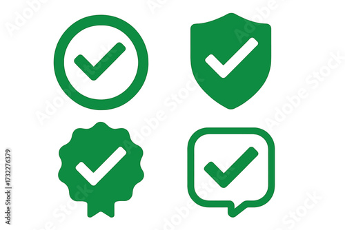 Set of approved icons. Profile verification, accept badge, quality check mark, security shield. Certified sticker with tick. Guarantee symbol for correct choice. Yes button.