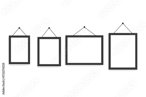 Blank hanging photo frames, poster templates isolated on transparent background. Empty picture frames on a wall. Gallery portfolio mockup. Vector illustration for design.