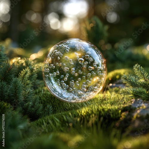 Clear sphere with bubbles resting amidst vibrant green moss and foliage. Sunlight bathes scene