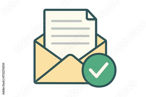 Mail with approved document. Envelope with letter and green check mark. Concept of confirmation, verification, success. Vector icon for accepted message, email validation.