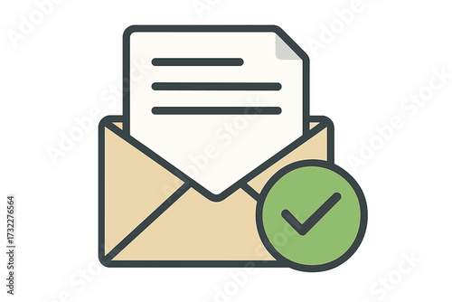 Envelope with approved document. Green check mark icon. Mail confirmation. Message verified. Letter sent successfully. Correspondence accepted. Success notification. Paperwork done.