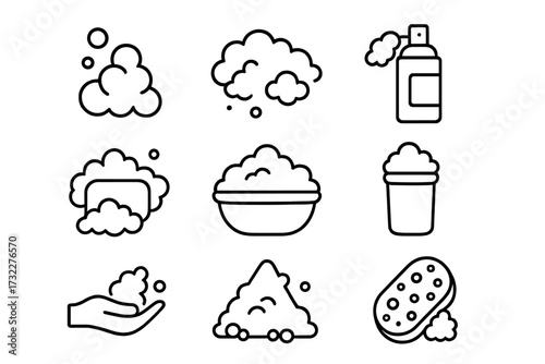 Foam and soap line icon set. Collection of outline symbols for hygiene, cleaning, and washing. Vector icons of bubbles, lather, suds, sponge, and spray for web design and apps.