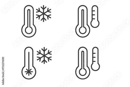 Thermometer line icon set. Temperature symbol. Cold, frost, winter weather with snowflake. Celsius fahrenheit degree. Meteorology forecast outline pictogram for web design.