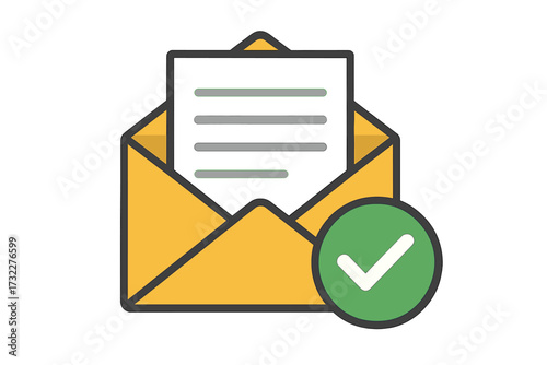 Email confirmation vector icon. Approved document in open envelope. Mail with green check mark. Success message, verification, subscription concept. Accepted notification.