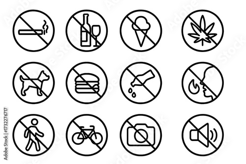 Forbidden line icon set. Prohibition signs collection. Warning restriction symbols. No smoking, no alcohol, no food, no dogs, no photos, no loud noise vector outline icons.