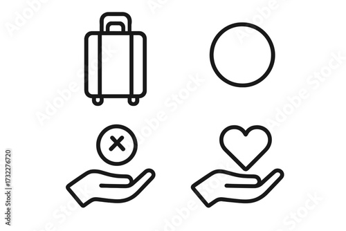Vector line icon set with travel, choice, and care symbols. Suitcase for baggage, heart on hand for love or donation, and cross for rejection or cancellation concepts.