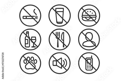 Forbidden signs line icon set. Prohibition and warning symbols bundle. No smoking, food, drinks, alcohol, pets, noise or phones. Outline vector icons for web design.