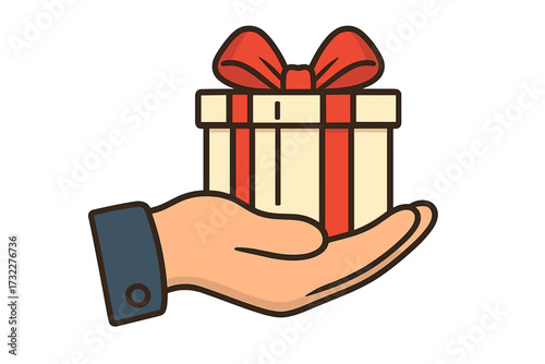 Hand giving gift box with red ribbon. Vector illustration for bonus, reward, celebration, and corporate incentive. Present icon for birthday, holiday or loyalty program.