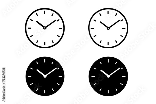 Clock icon set vector. Simple time symbol collection. Minimal watch face pictogram. Black and white line art and silhouette design. Timer, schedule, deadline concept element.