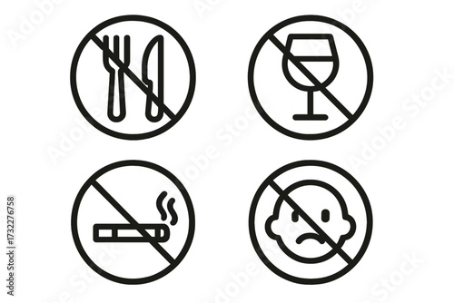 Prohibition signs vector icon set. Modern outline style collection. No food, no alcohol, no smoking warning symbols. Forbidden area concept for public places and design.