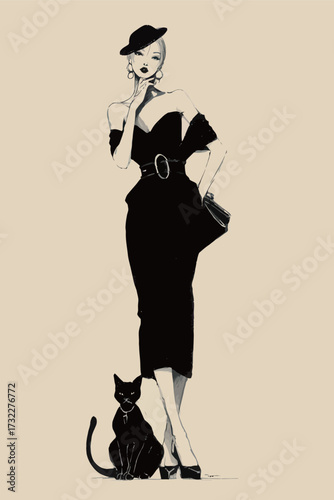 A stylish woman stands confidently in a black off-shoulder dress, accompanied by a black cat. The minimalist background accentuates their elegance and poise.