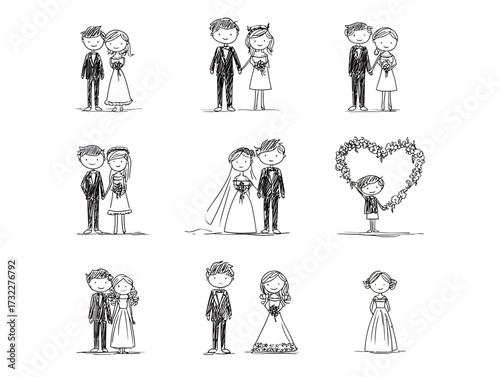 Sweet illustrations depict couples in various wedding moments, from ceremonies to joyful celebrations. Each sketch highlights the happiness of love and commitment.