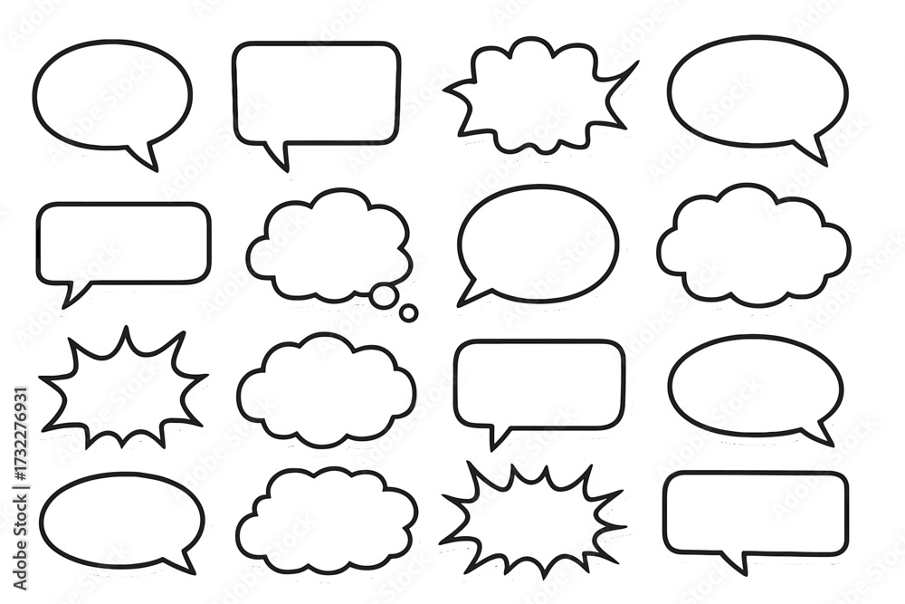 Obraz premium Large vector set of empty speech bubbles. Retro comic book style talk and thought clouds. Black and white sticker collection for dialogue, messages, quotes, and pop art design.