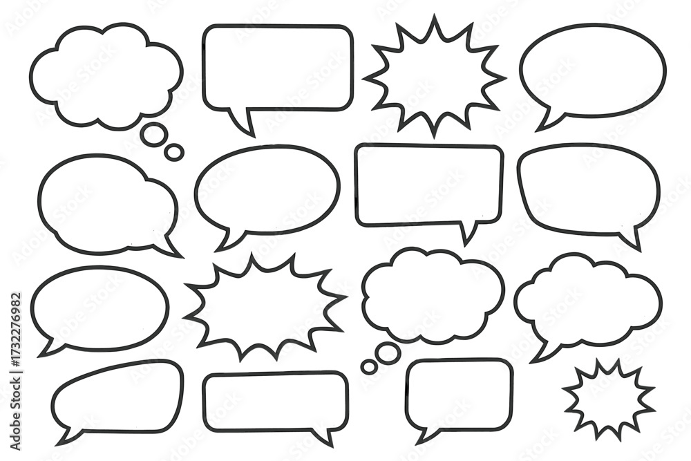 Obraz premium Big set of speech bubbles, thought bubbles in retro comic style. Collection of hand-drawn blank cartoon dialog boxes for communication, message, and pop art design elements.