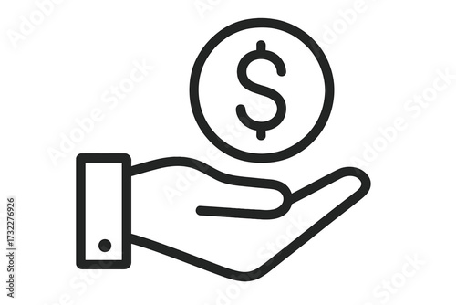 Money in hand icon. Vector outline graphic of payment, salary, and earnings. Financial concept for business, income, and investment. Donation, credit, and savings symbol.
