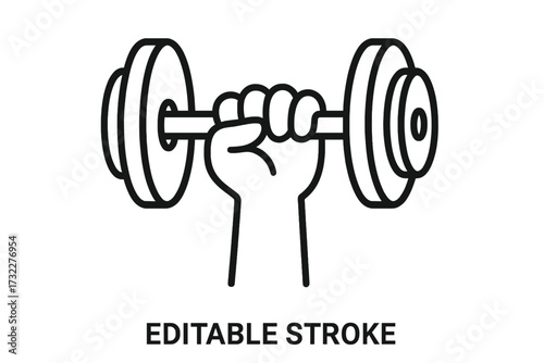 Hand holding a dumbbell icon for fitness and gym workouts. Vector line art for strength training, bodybuilding, and exercise concepts. Graphic with editable stroke for design.