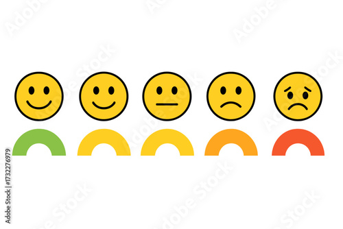 Feedback vector concept with satisfaction rating scale. Emoticon set for user experience review. Customer opinion survey with emotions from excellent to awful. Mood icons.