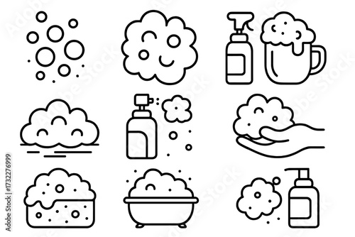 Foam and soap line icon set. Bubbles, suds, washing hands, bath, and cleaning outline pictograms. Vector symbols for hygiene, cosmetics, beer, and detergent products.
