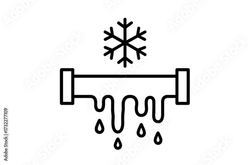Frozen pipe icon. Leaking water pipe symbol. Winter plumbing problem concept. Burst pipe, cold weather damage, and home repair vector illustration. Water leak line art.