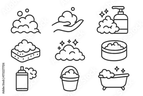 Soap foam and suds line icon set. Washing, cleaning, and hygiene outline signs collection. Hand with bubbles, sponge, bathtub, dispenser. Skincare and cosmetic product pictograms.