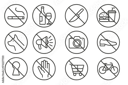 Forbidden line icon set. Prohibition signs pack for rules and restrictions. Vector outline symbols for public places. No smoking, food, alcohol, pets, camera, loud noise.
