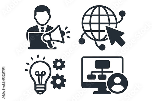 Business icon set. Digital marketing promotion, global web connection, innovation idea, and user profile management. Vector symbols for online strategy and corporate workflow.