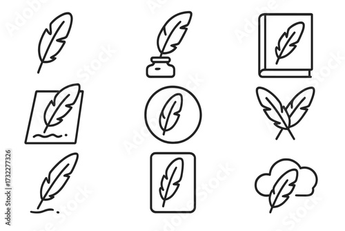 Quill pen feather writer icon set. Vintage literature, poetry, and history symbols. Calligraphy, author, and storytelling concept. Editable stroke vector line art collection.