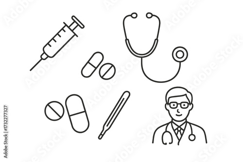Medical and healthcare icon set. Thin line art collection with doctor, syringe, stethoscope, pills, and thermometer. Simple outline symbols for web, apps, and infographics.
