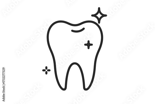 Clean tooth icon for dental care and stomatology. Oral hygiene concept. Healthy white tooth with sparkle. Dentistry, teeth whitening, medical symbol. Vector line art.