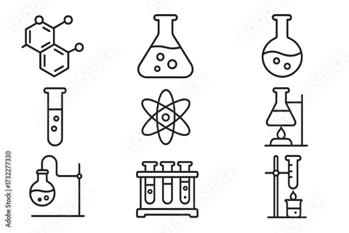 Chemistry line icon set. Science and education symbols. Laboratory equipment for experiment and research. Vector collection of flask, test tube, atom, molecule, scientific pictograms
