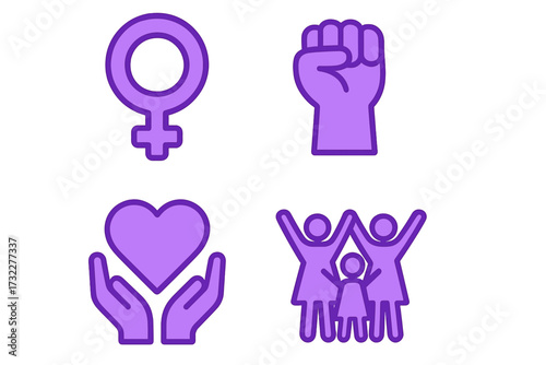 Set of feminist symbols. Gender sign, raised fist, community care, and unity. Vector illustration for women's empowerment, social equality, solidarity, love, and girl power.