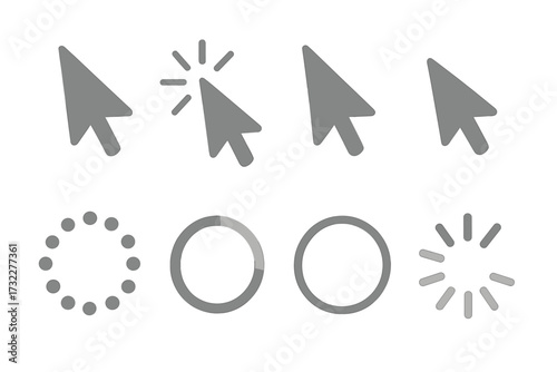 Computer mouse cursor arrow and click icons set. Collection of loading progress bar, spinner, and wait symbols for UI and UX web design. Vector graphic illustration pack.