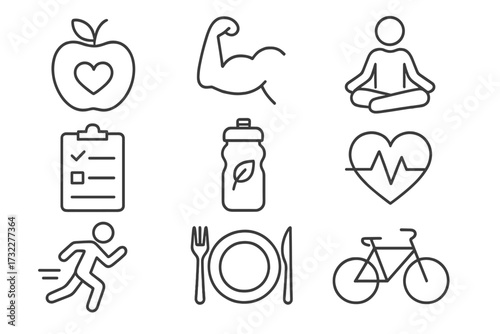 Healthy lifestyle icon set. Thin line vector signs of fitness, wellness, sport, and diet. Collection of symbols for nutrition, yoga, running, cycling, and heart health.