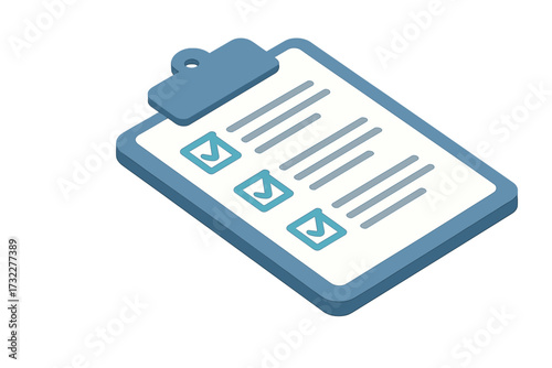 Isometric checklist icon on clipboard. Complete tasks, to-do list, survey, and exam concepts. Project management and planning vector illustration for web and business.
